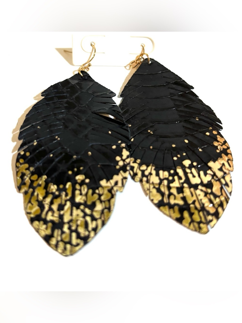 Black & Gold Feather leather Drop Earrings - Women Jewelry